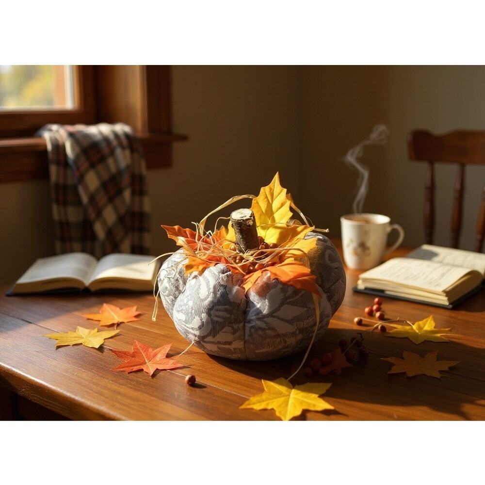 Handmade Gray Jacquard Stuffed Pumpkin Farmhouse Thanksgiving Autumn 8"Wx6"H